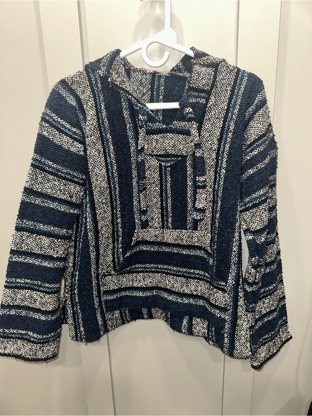 Striped Hooded Baja Knit Sweater in Navy and Gray